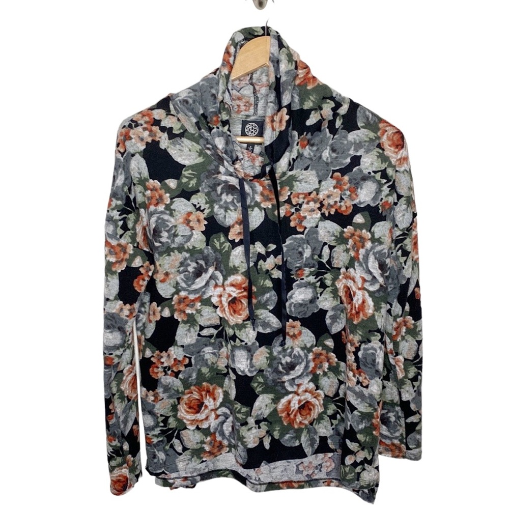 Bobeau soft knit floral print cowl neck sweatshirt with velour drawstrings sz S